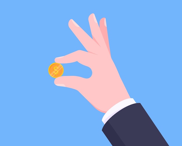 Vector hand holds golden coin in two fingers flat style design vector illustration
