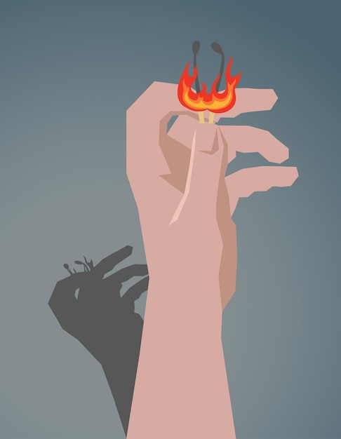 The hand holds matches in fire flame Hand drawn vector illustration on a gradient background