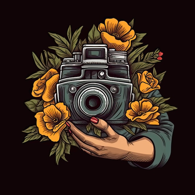 a hand holds an old camera and flowers in the background