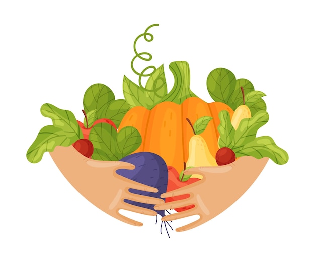 Hand holds an orange pumpkin blue beet yellow pear and red apples Vector illustration on a white background