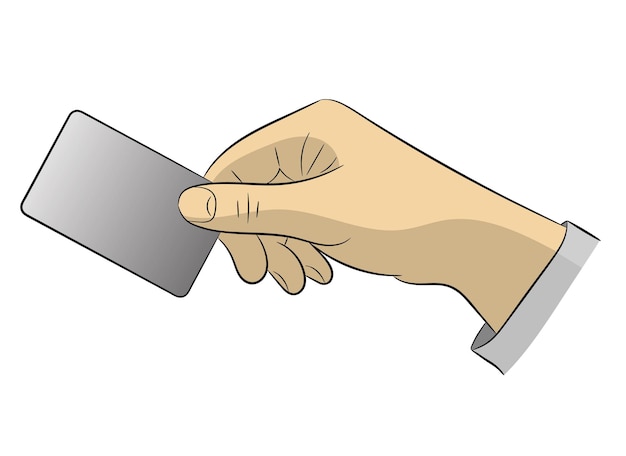 The hand holds out a credit card for payment. Flat style. White background. Vector image.