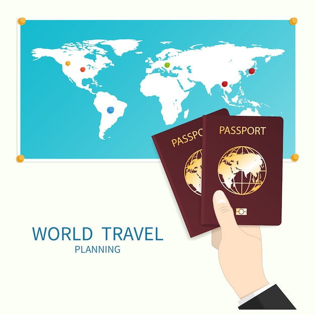 Hand holds passport world map