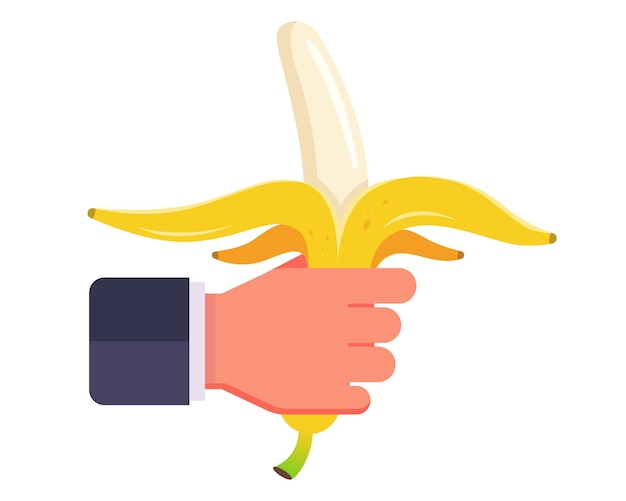 A hand holds a peeled yellow ripe banana flat vector illustration