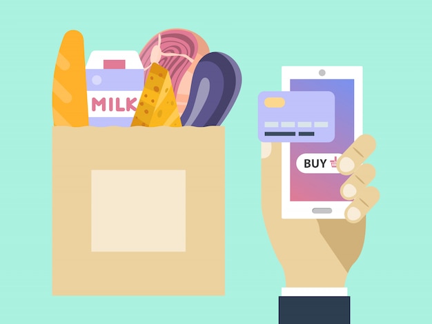 Vector hand holds phone grocery store online. food online order service. paper bag full of groceries. man holding smartphone and credit card