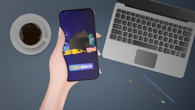 La mano tiene il telefono con cashback. portafoglio marrone con carte di credito e monete d'oro. il concetto di risparmio e accumulo di denaro. buono per presentazioni e articoli su un argomento aziendale.