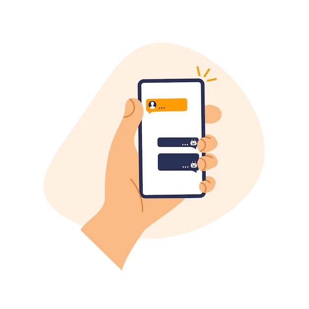 チャットボットのダイアログボックスが画面に表示されるハンドホールド電話ロボットと人間の間のチャットベクトル