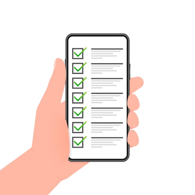 Hand holds phone with check list on screen on green background