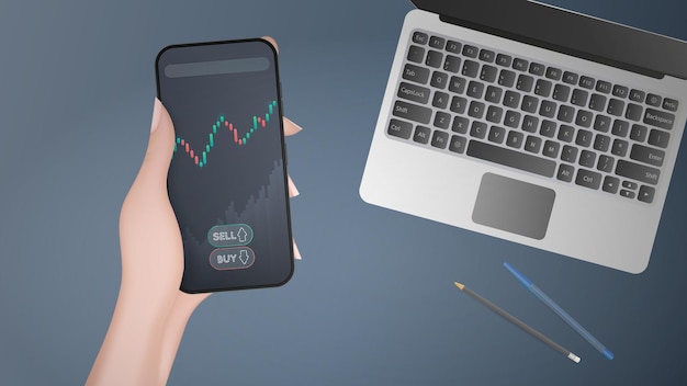 A hand holds a phone with a growth graph. Analyst or trader's workplace. The concept of trading on the finance exchange. Vector illustration.