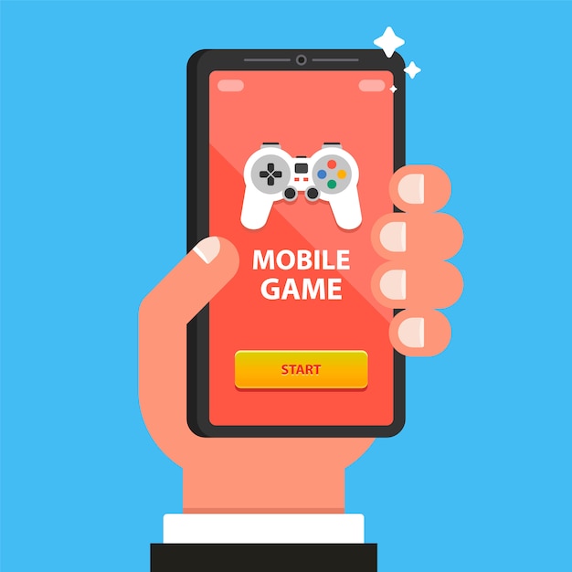 Vector hand holds a phone with a mobile game. flat   illustration