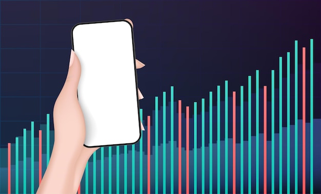 a hand holds a phone with a white screen with financial charts.