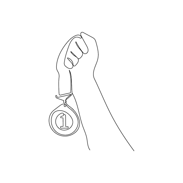 Hand holds ribbon with gold medal. One line art. Vector illustration