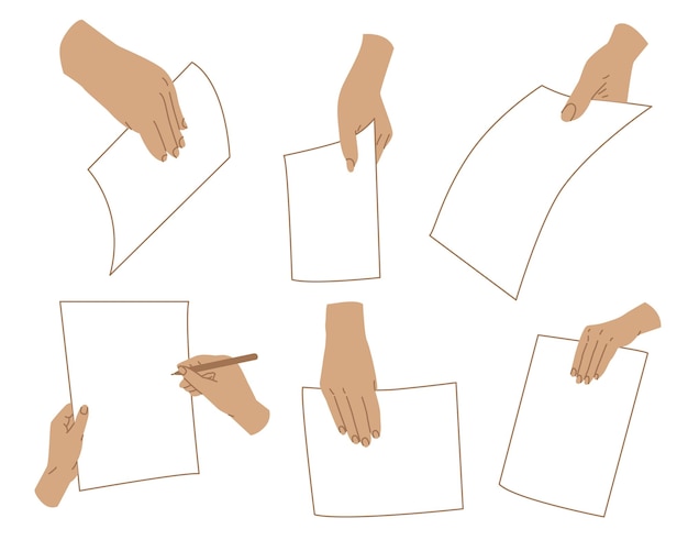 A hand holds a sheet of paper from different angles Political democratic elections referendum Social survey or voting Vector illustration isolated on transparent background