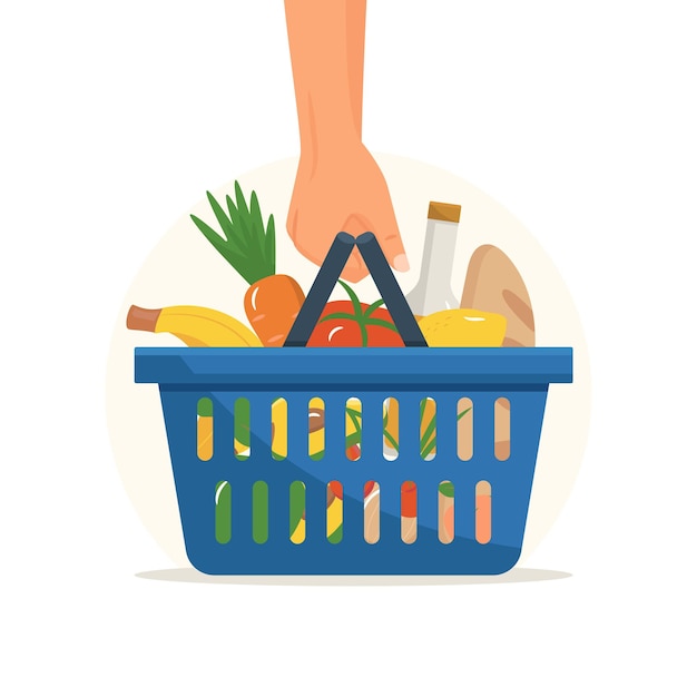 Vector hand holds shopping basket full of fresh produce buy grocery in the supermarket