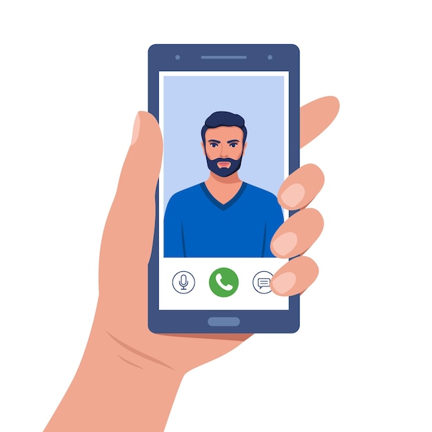 Hand holds smartphone during video call young man on smartphone screen with connection icons