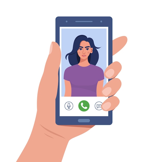 Hand holds smartphone during video call young woman on smartphone screen with connection icons