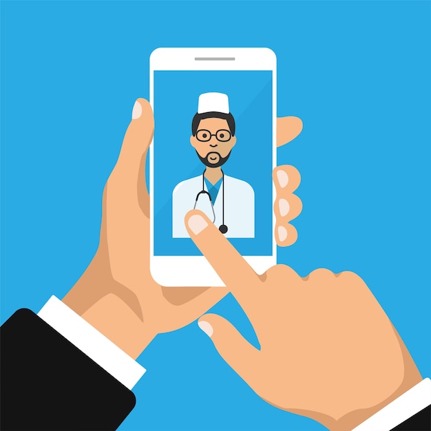 Vector hand holds smartphone with doctor on the screen. medicine online concept. vector flat illustration.