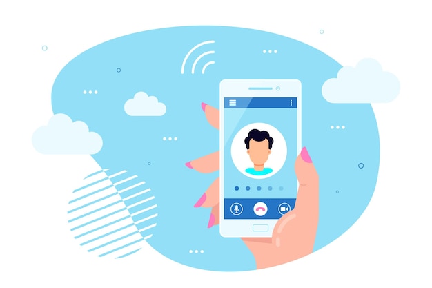 手は画面上に発信通話でスマートフォンを保持します。通話サービスの概念。