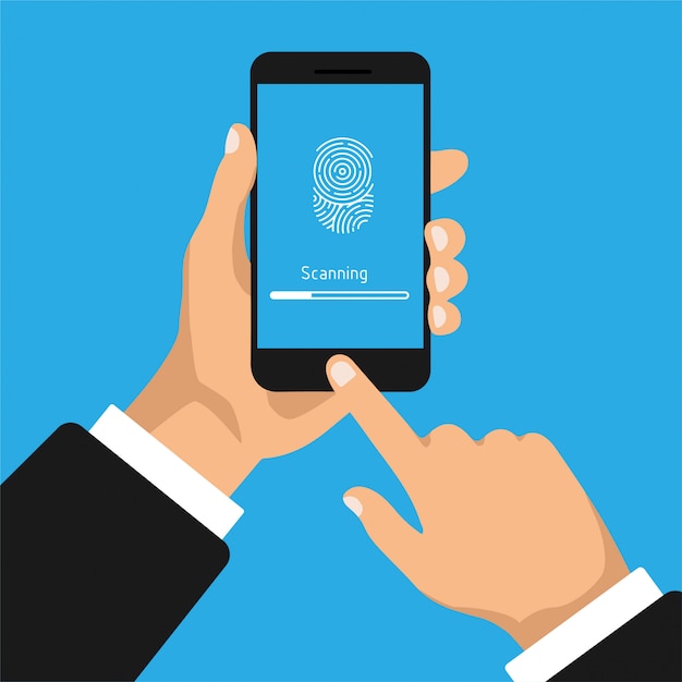 Hand holds smartphone with scanning fingerprint. fingerprint identification in the mobile phone.