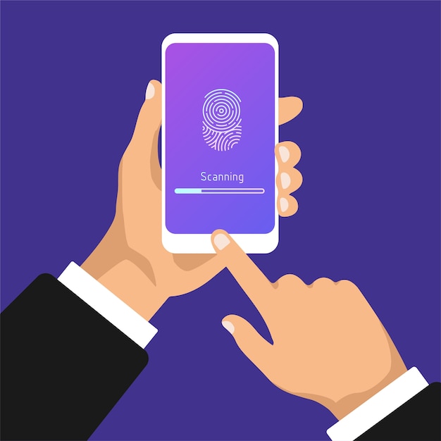 Vector hand holds smartphone with scanning fingerprint. touch id in the mobile phone.