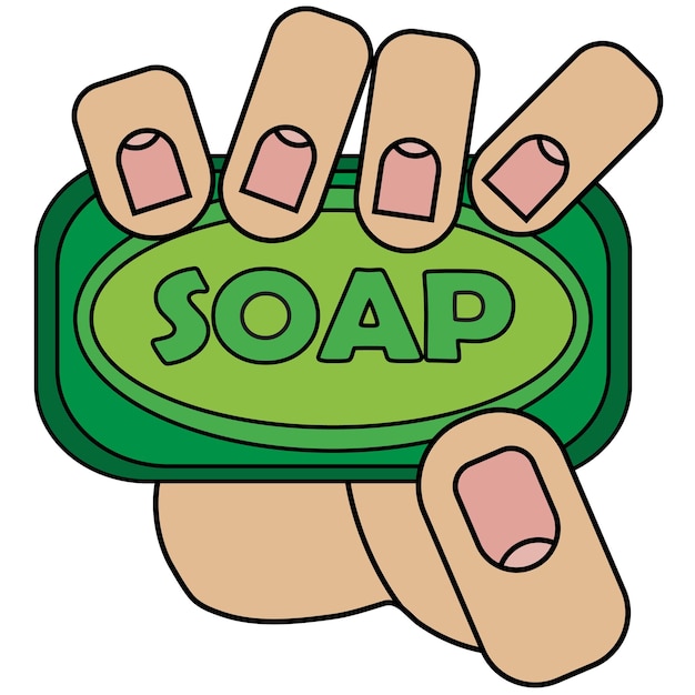 The hand holds soap Isolated on white background in cartoon style in vector graphic