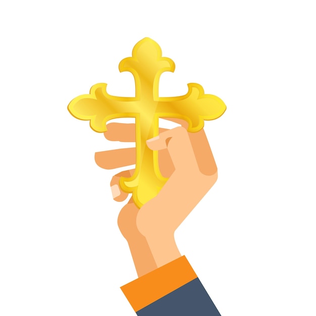 Вектор Рука держит православный золотой крест концепция религии христианство