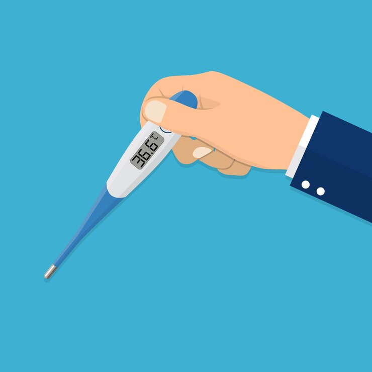 Vector the hand holds a thermometer.
