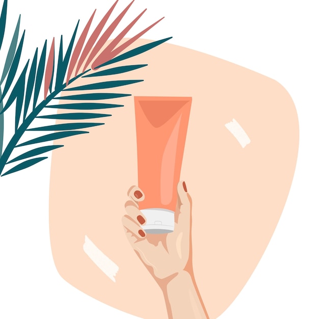 Hand holds a tube with cream cosmetic mask against the background of tropical leaves