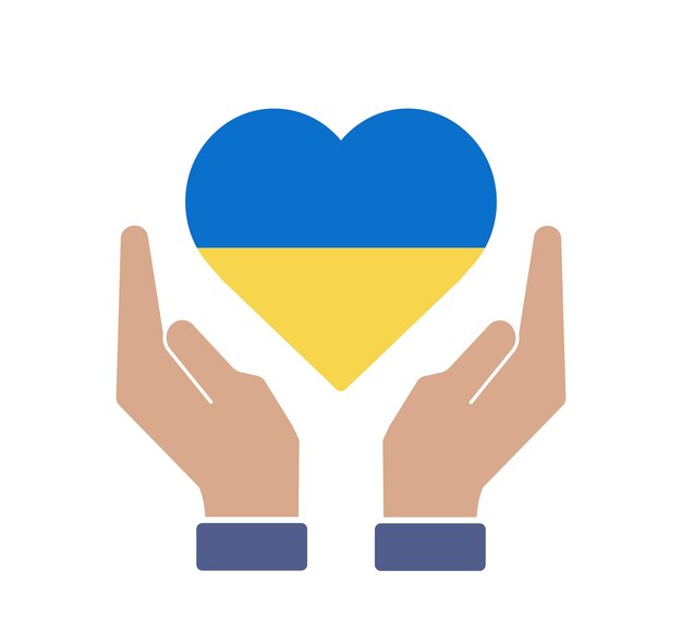 Hand holds ukrainian flag in heart shape pray for ukraine concept