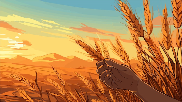 Vector a hand holds wheat ears in front of a sunset