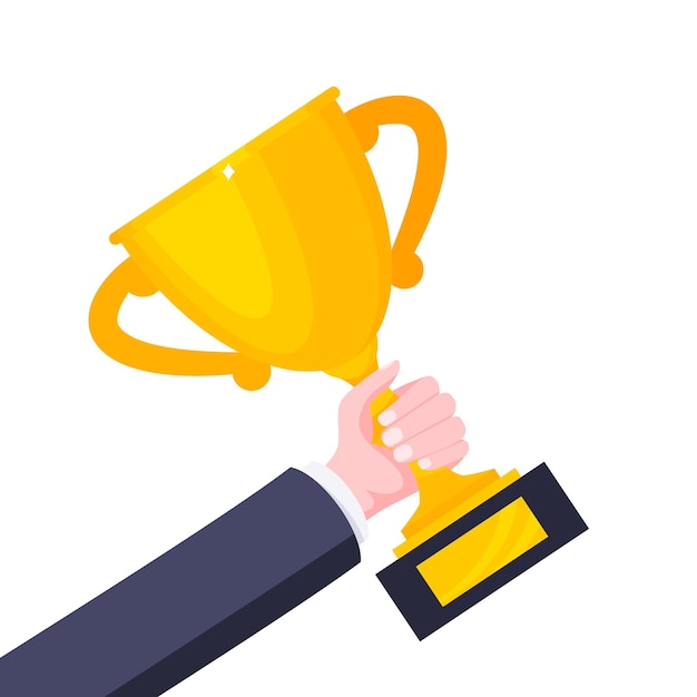 Вектор Победитель держит в руке трофей с золотой наградой, кубок с кубком, значок с плоским стилем, дизайн векторной иллюстрации.