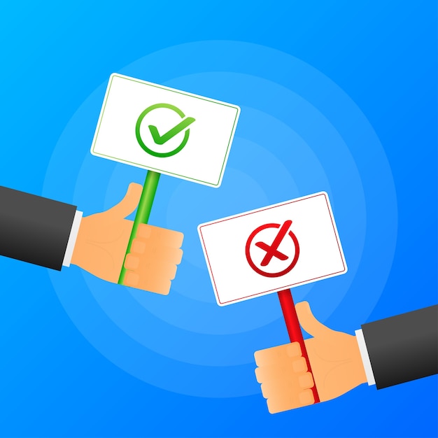 Hand holds yes or no sign realistic red and green table on blue background.