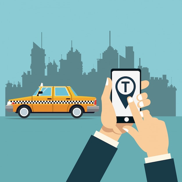 Vector hand houden mobiele taxi service online app stad achtergrond