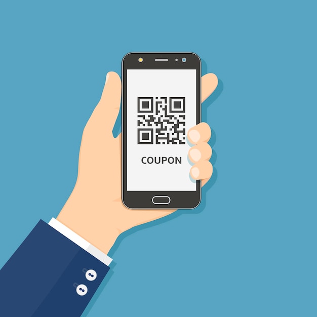 Hand houden slimme telefoon met coupon qr-code op het scherm