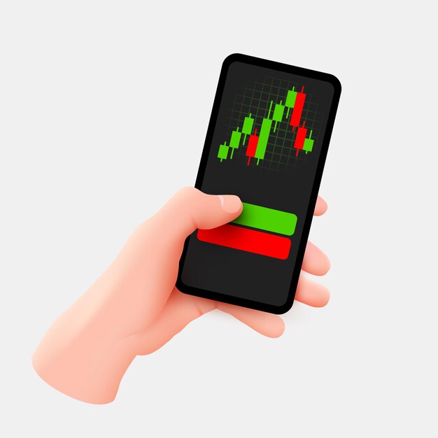 Hand houdt mobiele telefoon. markttrendanalyse op smartphone met lijndiagram en grafiekenontwerp