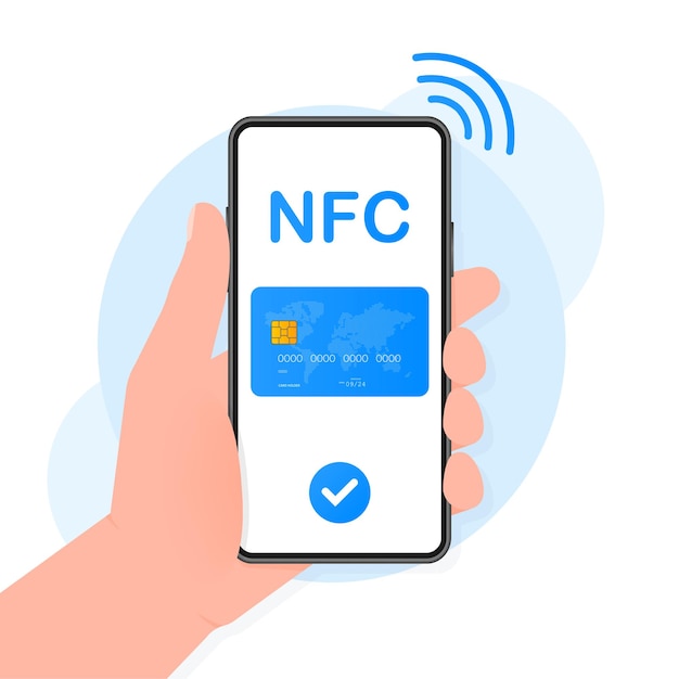 Hand houdt telefoon met contactloze betalingsmethoden Mobile op blauwe achtergrond