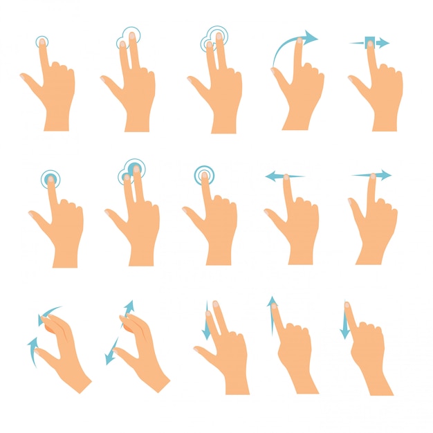 hand icons showing commonly used multi-touch gestures for touchscreen tablets or smartphones. flat design modern business concept.