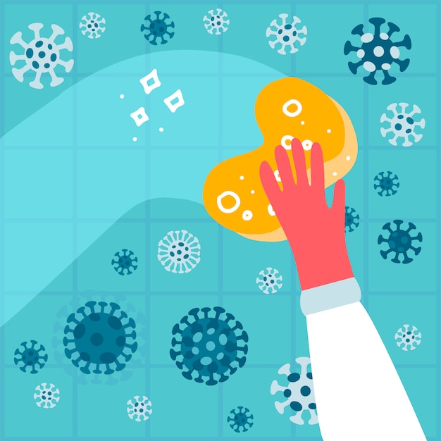 Hand in een rubberen handschoen met een spons wast een muur met coronavirus om de familie te beschermen tegen virussen, ziektekiemen of bacteriën. Antibacteriële desinfecterende vloeistof. Huis schoonmaken. Vlakke afbeelding