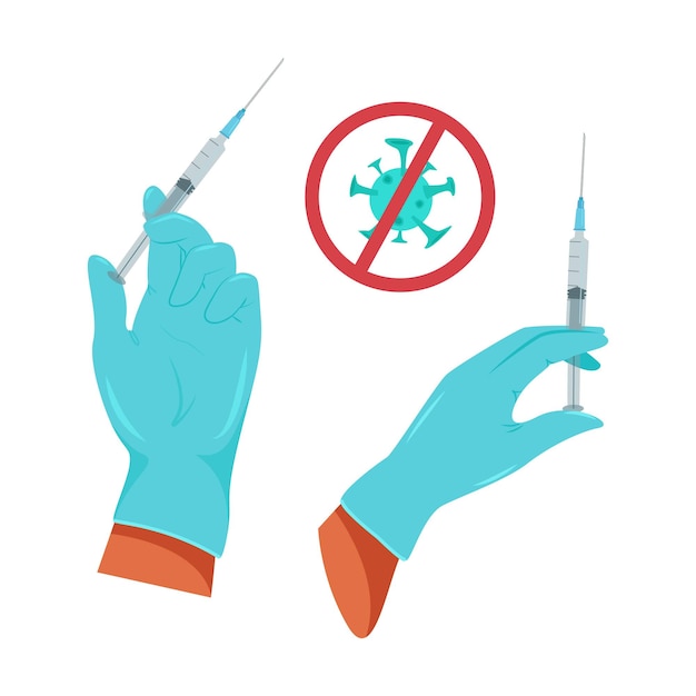 注射器セット、ウイルスに対する予防接種、フラットスタイルのベクトルイラストを保持している医療用手袋を手に入れます。