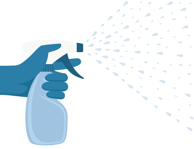 Рука в резиновых перчатках использует чистящий спрей из пластиковой бутылки, распыляющей плоскую векторную иллюстрацию на белом фоне