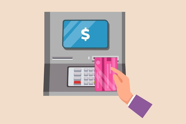 Hand insert a credit or debit card into the ATM machine ATM concept Colored flat vector illustration