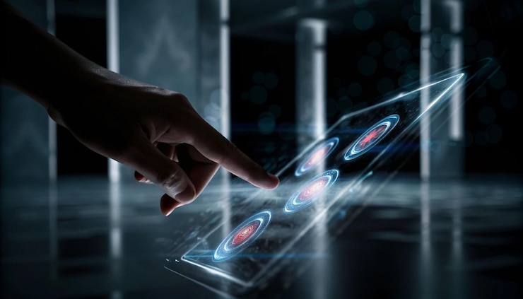 Vector hand interacting with futuristic touchscreen display