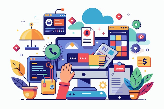 a hand interacts with a computer displaying colorful coding elements and design features in a creative workspace hand coding customizable flat illustration