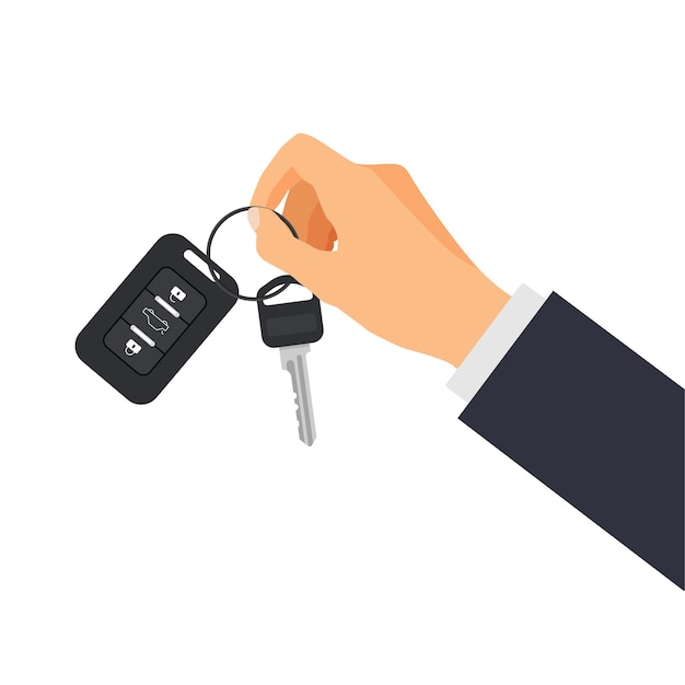 Рука держит ключ от машины Прокат или продажа автомобилей Векторная иллюстрация в модном плоском стиле изолирована
