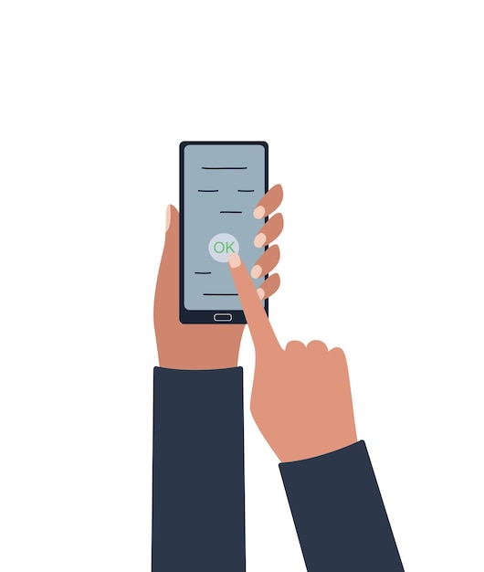 La mano tiene un telefono cellulare toccare il pulsante ok dello schermo per premere illustrazione vettoriale in uno stile piatto