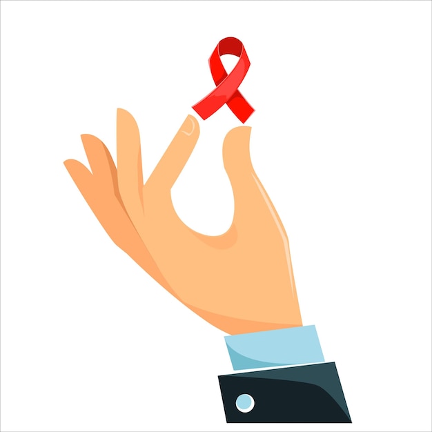 Vector the hand is holding a red ribbon the red ribbon is a symbol of the fight against aids