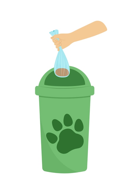 Hand is throwing away dog bag of poop in trash can Flat cartoon vector