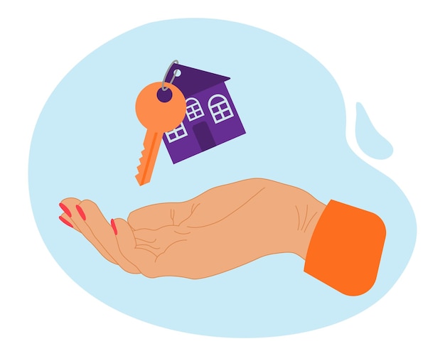 Hand and keychain with house keychain. The concept of renting or buying a house. Illustration, vecto