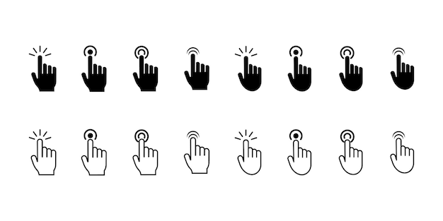 Hand klik vector icon set op witte achtergrond. Vingerpictogrammen klikken. Raak hier met de vinger aan.