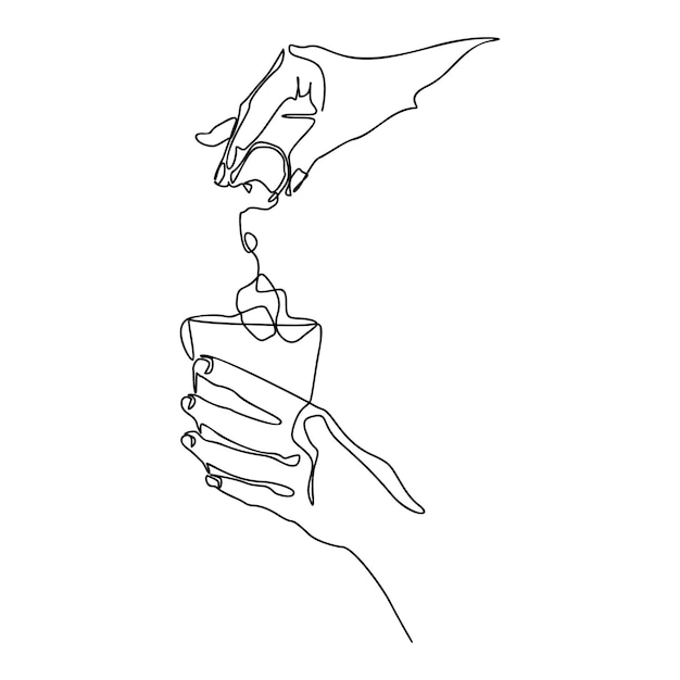 Hand knijpen een citroen in glas whisky cocktail een lijntekening continue moderne illustratie