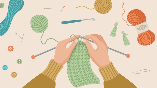 hand knitted hands knitting knit cloth from wool thread autumn or winter time hygge concept handcraft hobby vector background